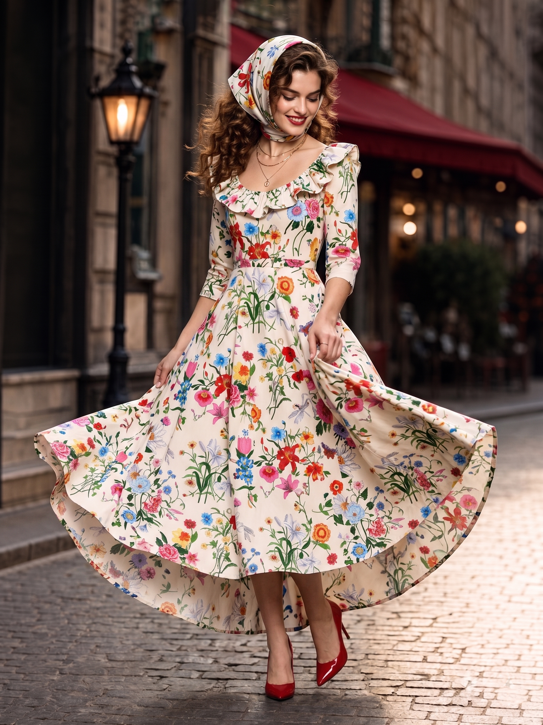 Vintage Ruffle Collar Floral Print Midi Dress