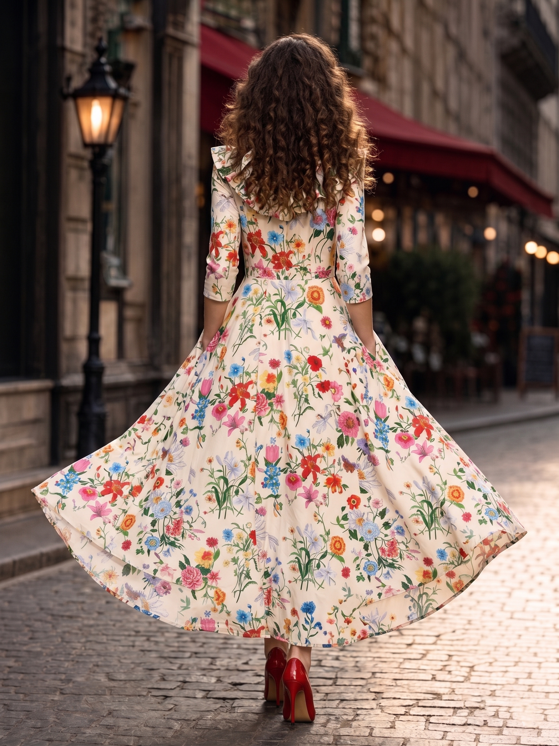 Vintage Ruffle Collar Floral Print Midi Dress