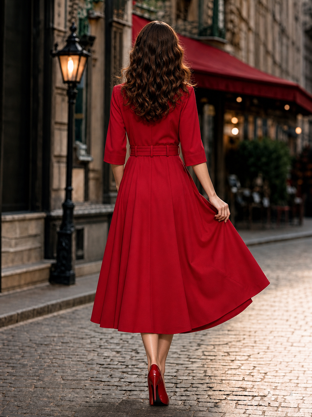 Vintage Color Block Lapel Waist-Cinched Midi Dress