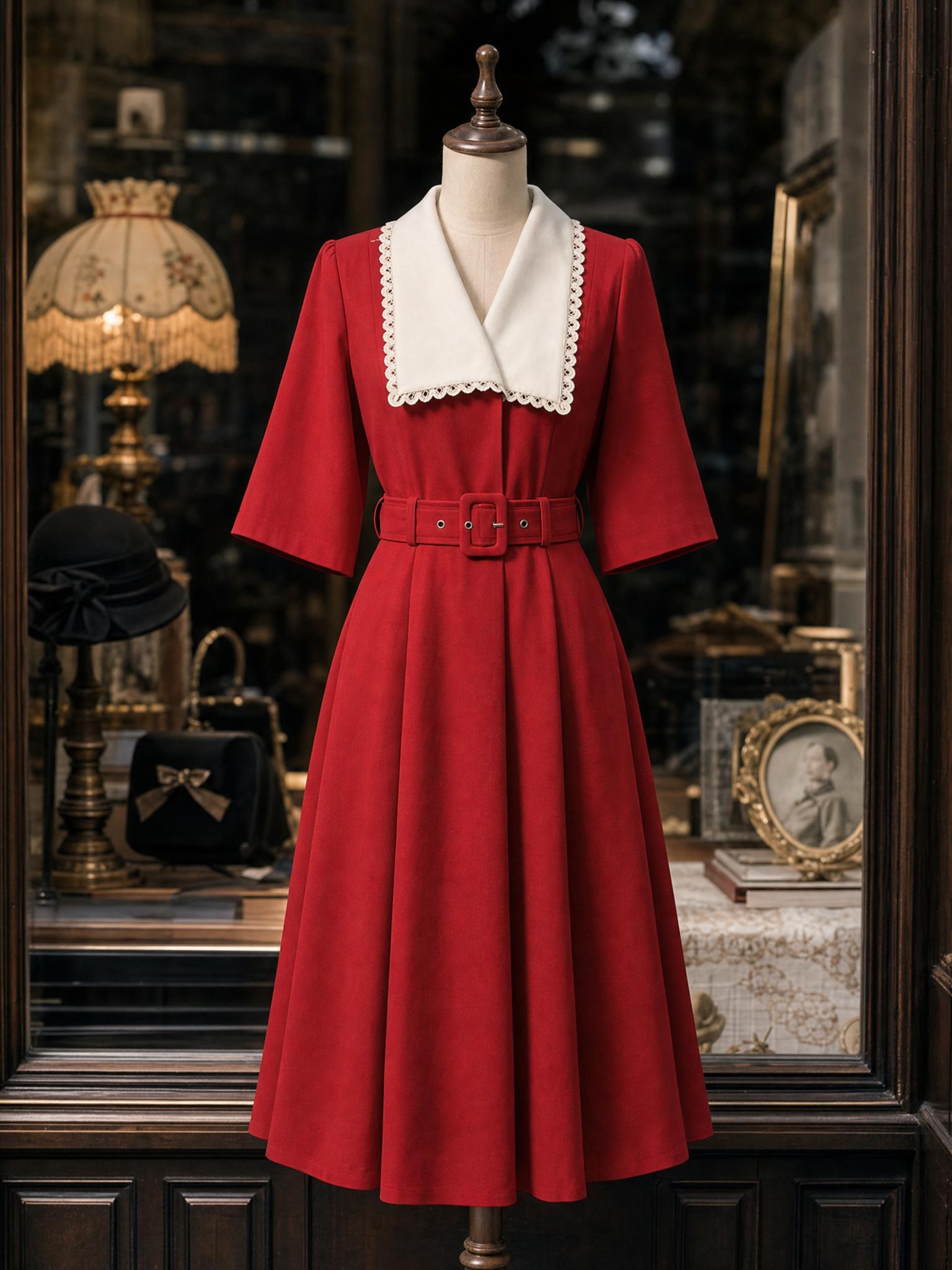 Vintage Color Block Lapel Waist-Cinched Midi Dress