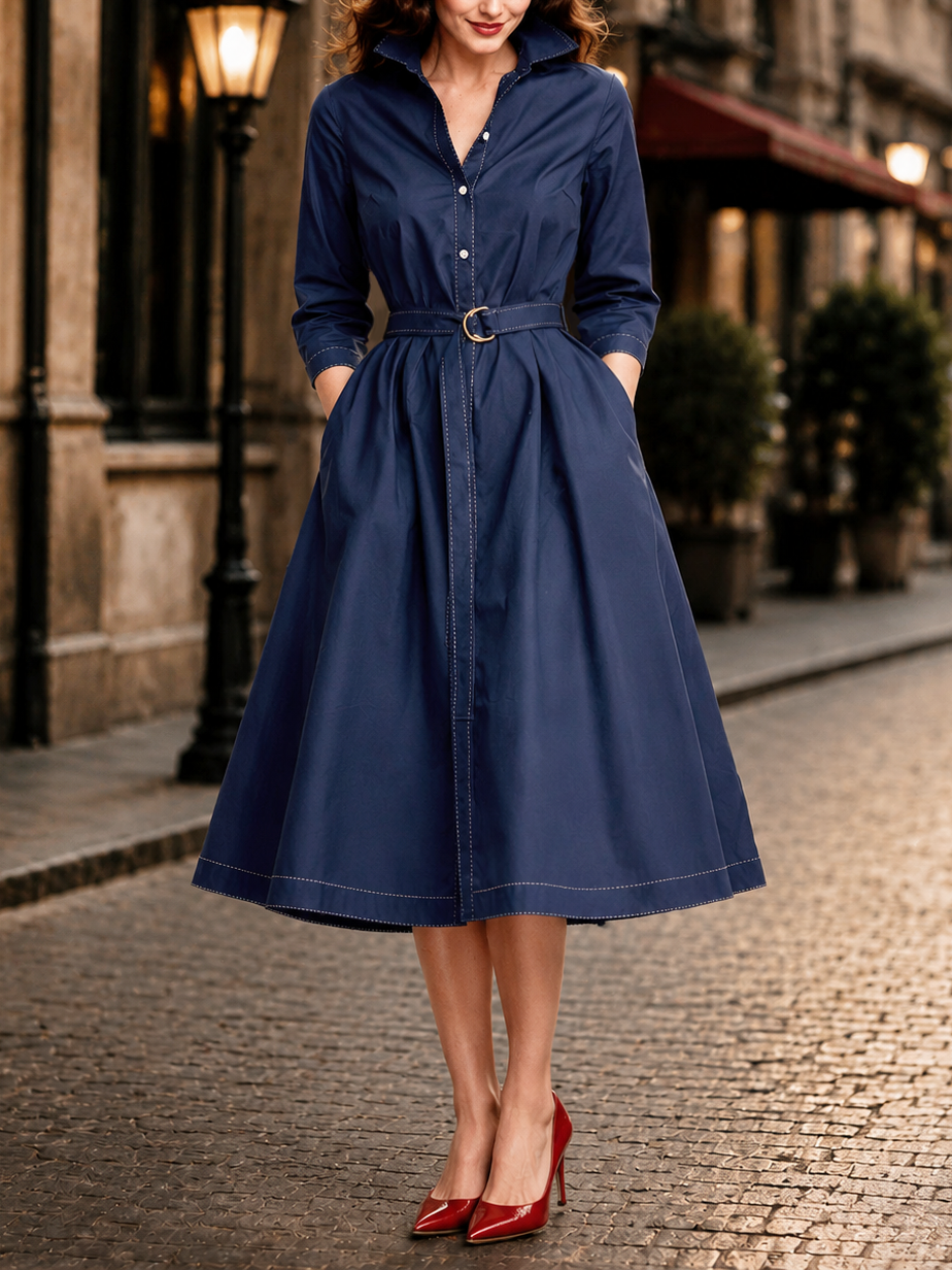 Vintage Color Contrast Topstitch Denim Blouse Midi Dress