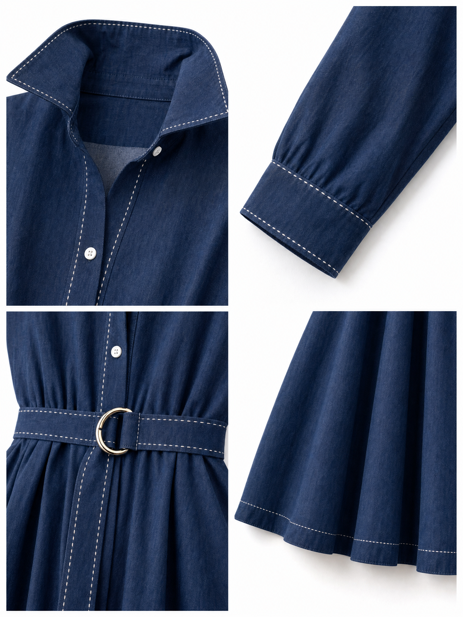 Vintage Color Contrast Topstitch Denim Blouse Midi Dress