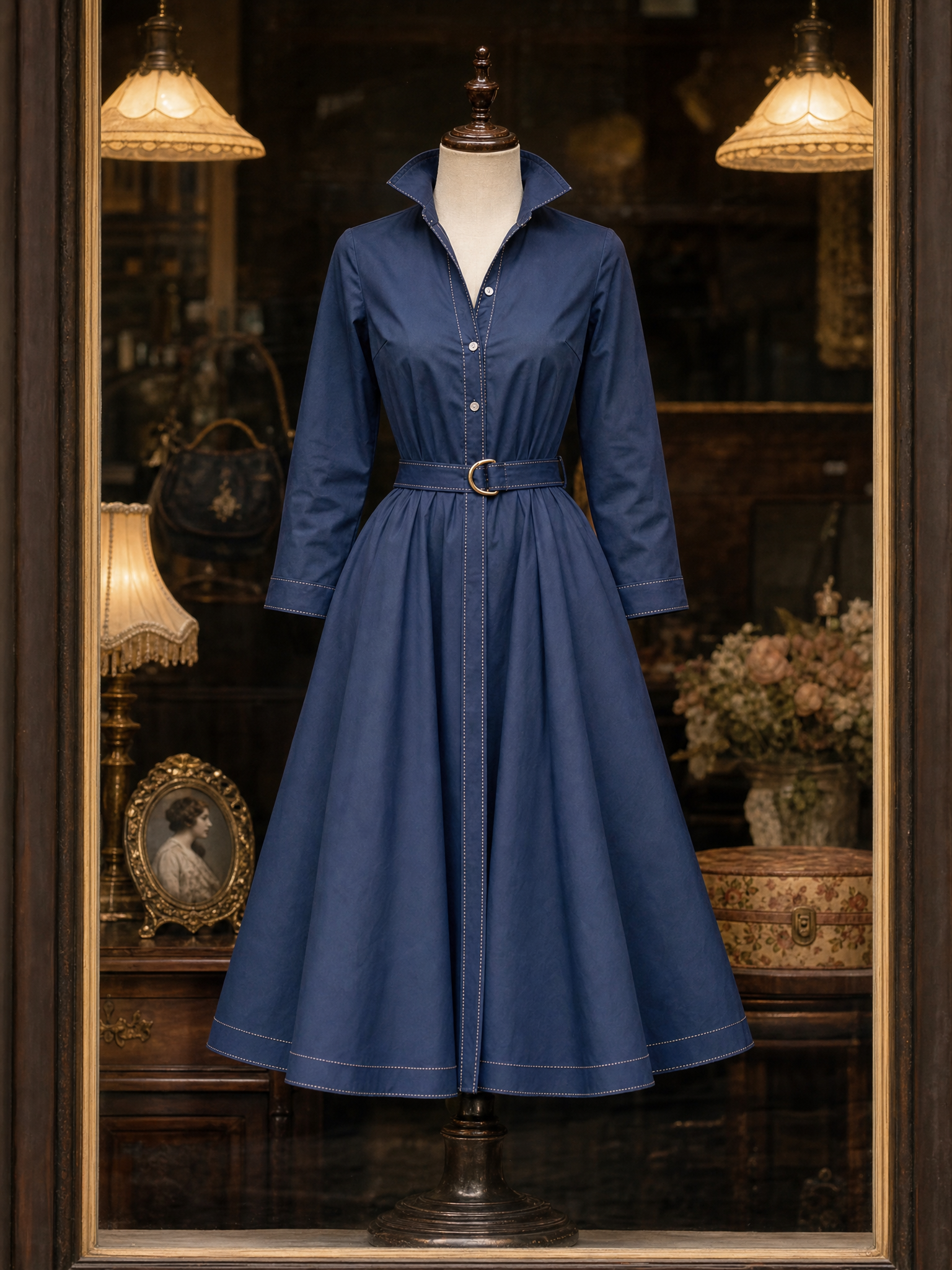 Vintage Color Contrast Topstitch Denim Blouse Midi Dress