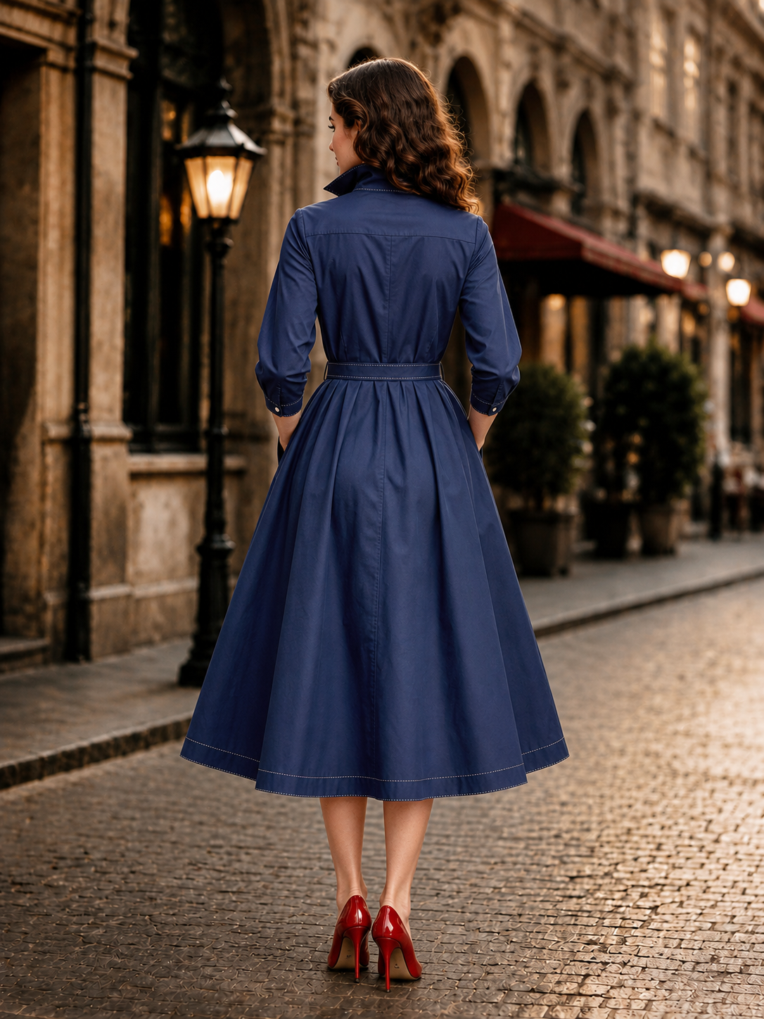 Vintage Color Contrast Topstitch Denim Blouse Midi Dress