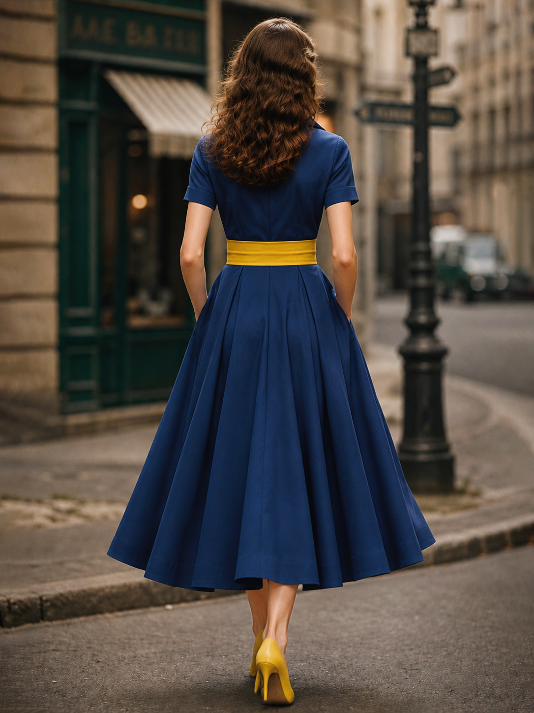 Vintage Color Block Belt V-neck Blouse Maxi Dress