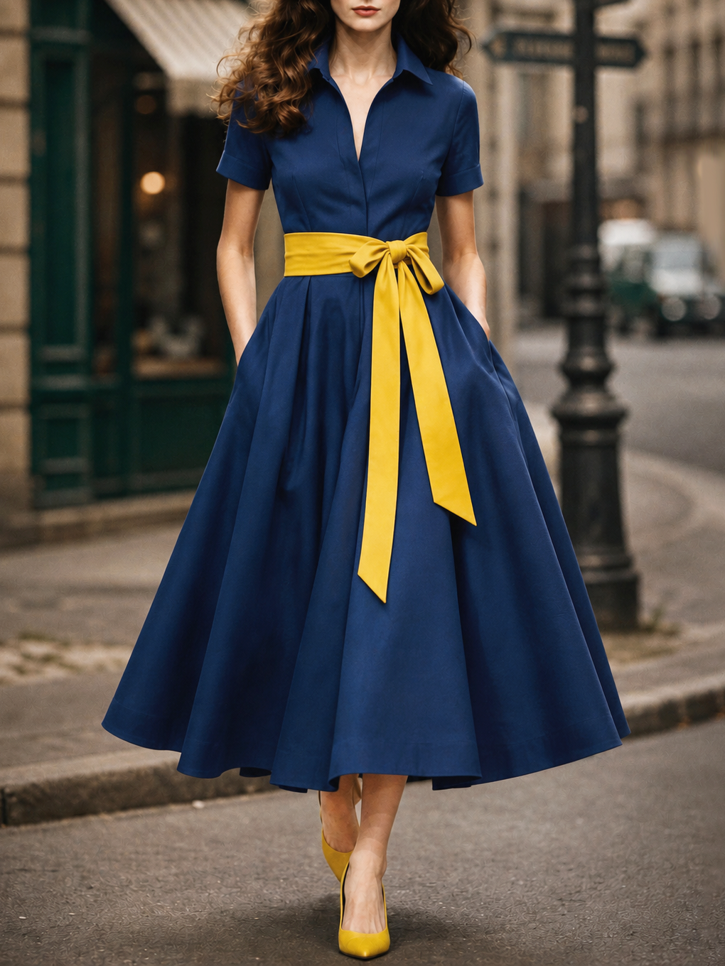 Vintage Color Block Belt V-neck Blouse Maxi Dress