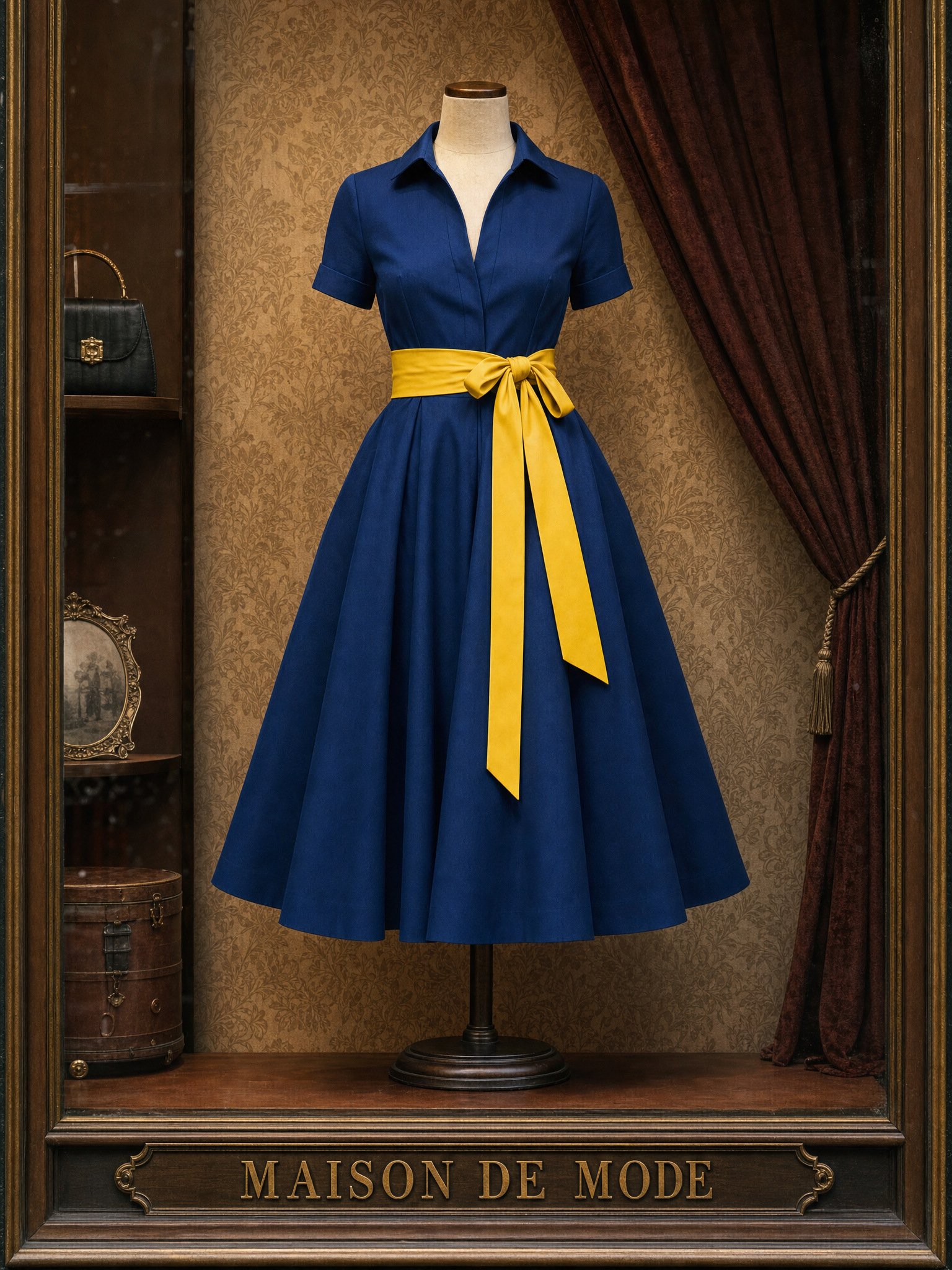 Vintage Color Block Belt V-neck Blouse Maxi Dress