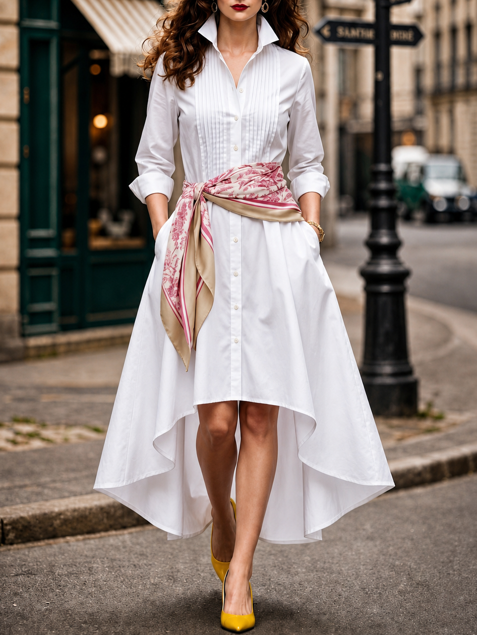 Vintage Stand Collar Tuck Pleat Irregular Hem Blouse Maxi Dress