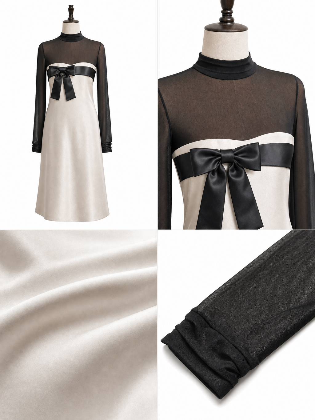 Vintage Lustrous Satin Bow Mesh Long Sleeve Midi Dress
