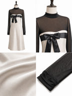 Vintage Lustrous Satin Bow Mesh Long Sleeve Midi Dress