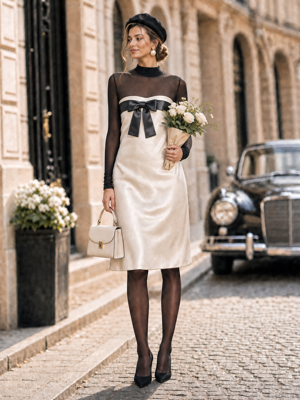 Vintage Lustrous Satin Bow Mesh Long Sleeve Midi Dress