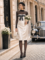 Vintage Lustrous Satin Bow Mesh Long Sleeve Midi Dress