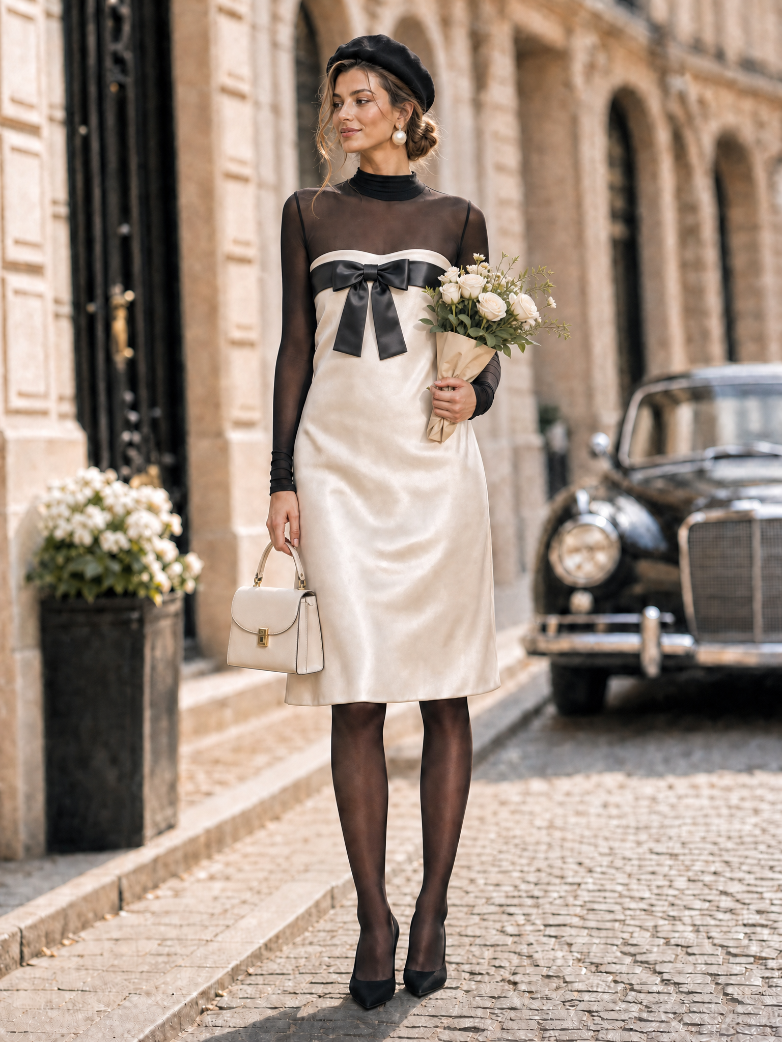 Vintage Lustrous Satin Bow Mesh Long Sleeve Midi Dress