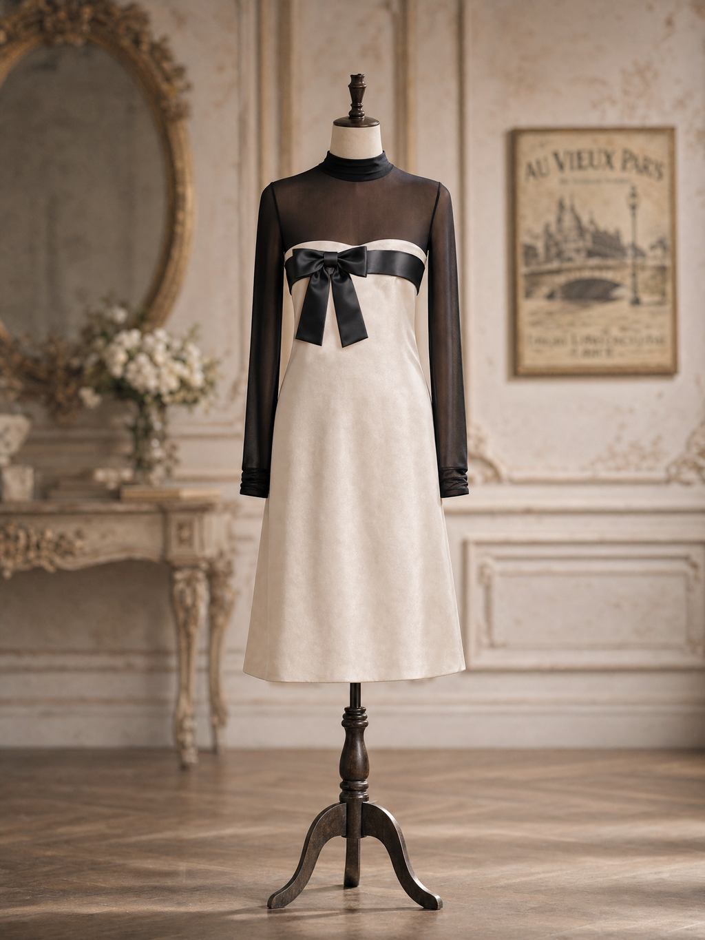Vintage Lustrous Satin Bow Mesh Long Sleeve Midi Dress