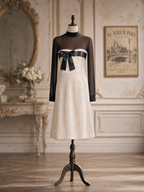 Vintage Lustrous Satin Bow Mesh Long Sleeve Midi Dress
