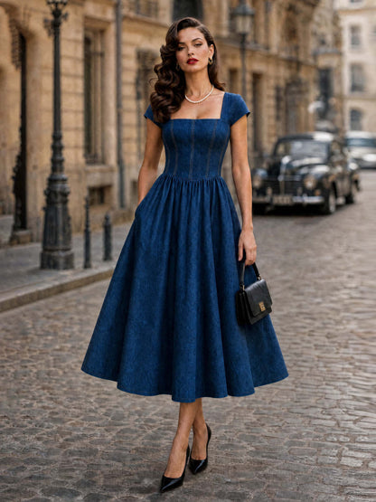 Vintage Square Neck Denim Dress