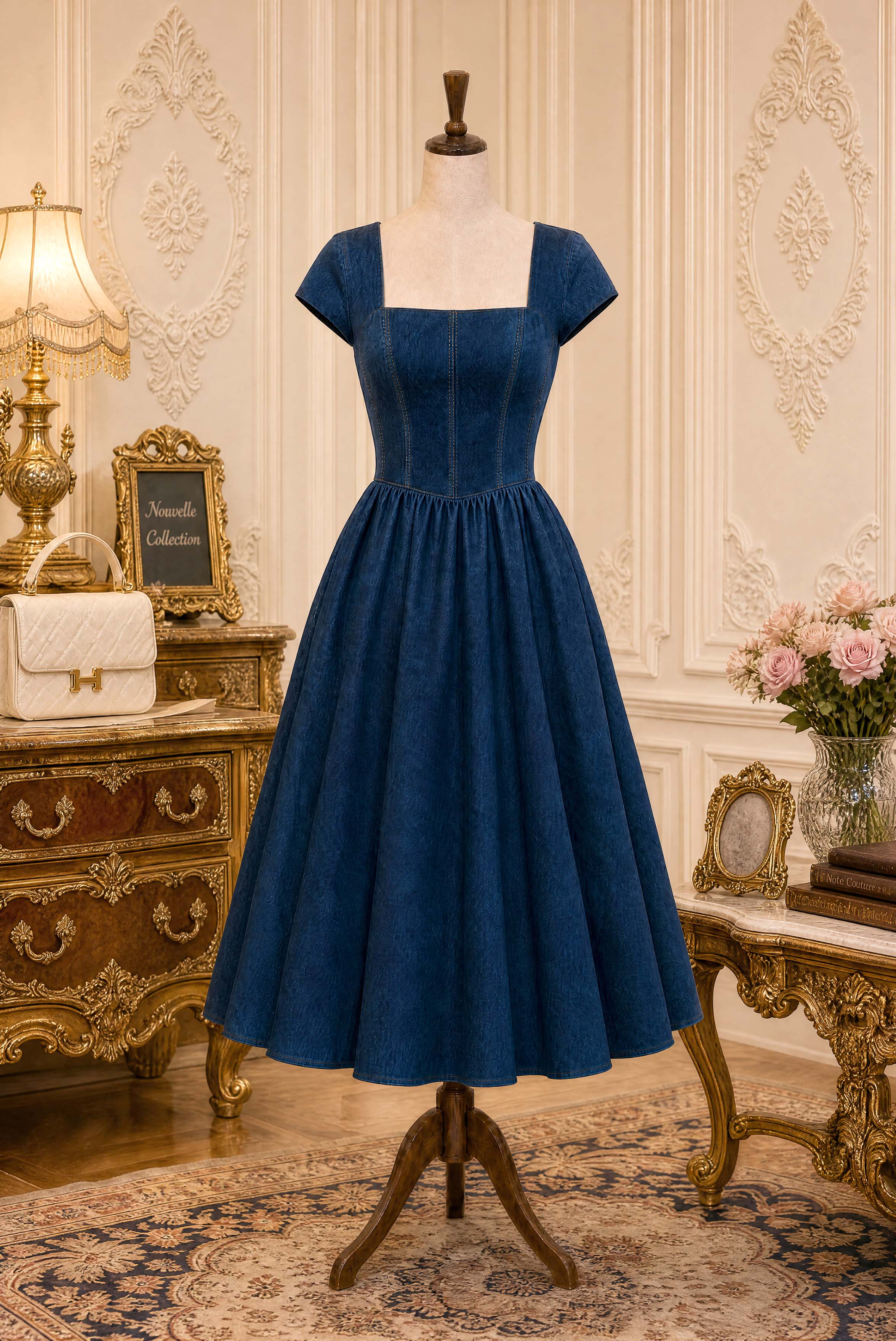 Vintage Square Neck Denim Dress