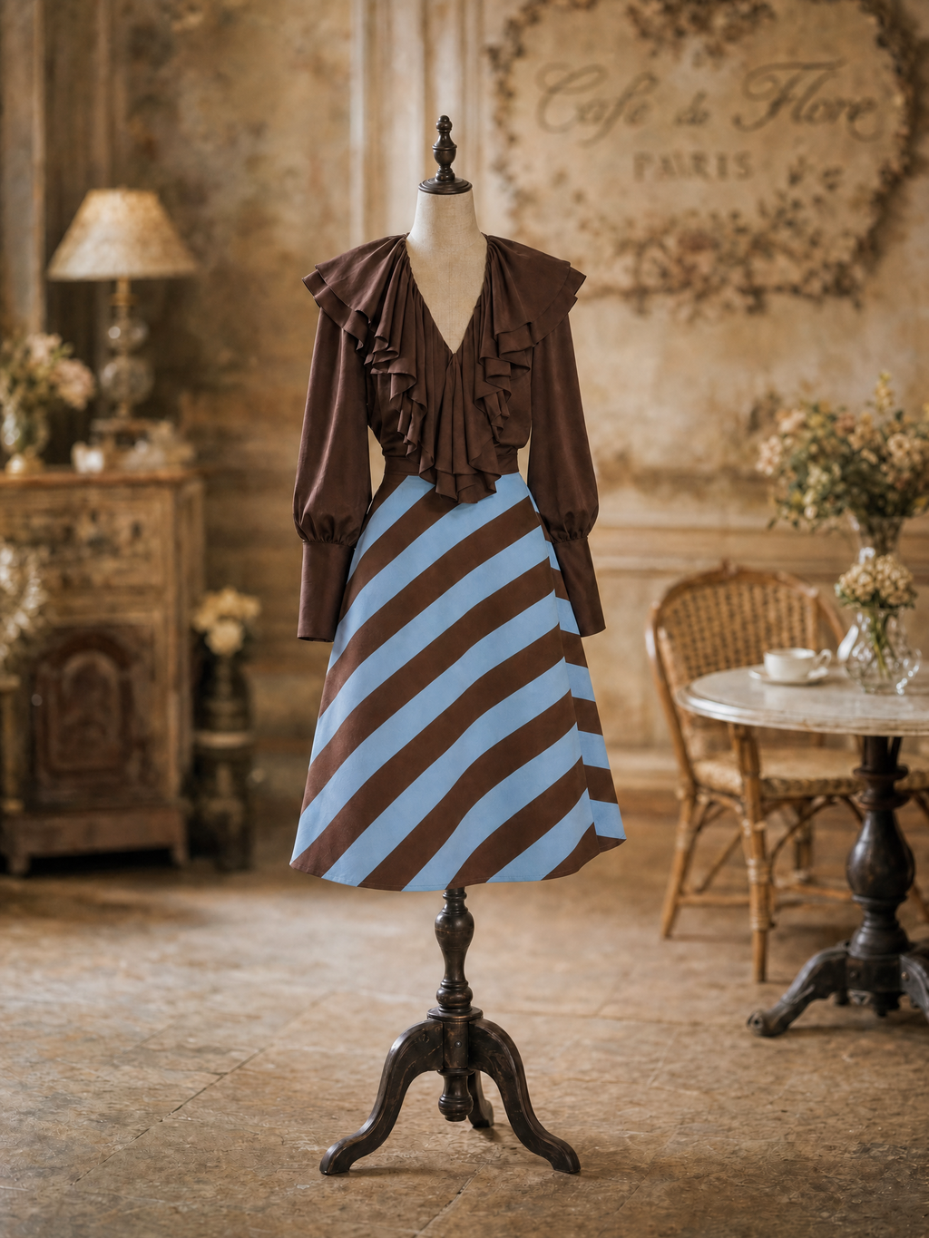 Vintage Commuter Blue Brown Diagonal Stripe A-Line Midi Skirt