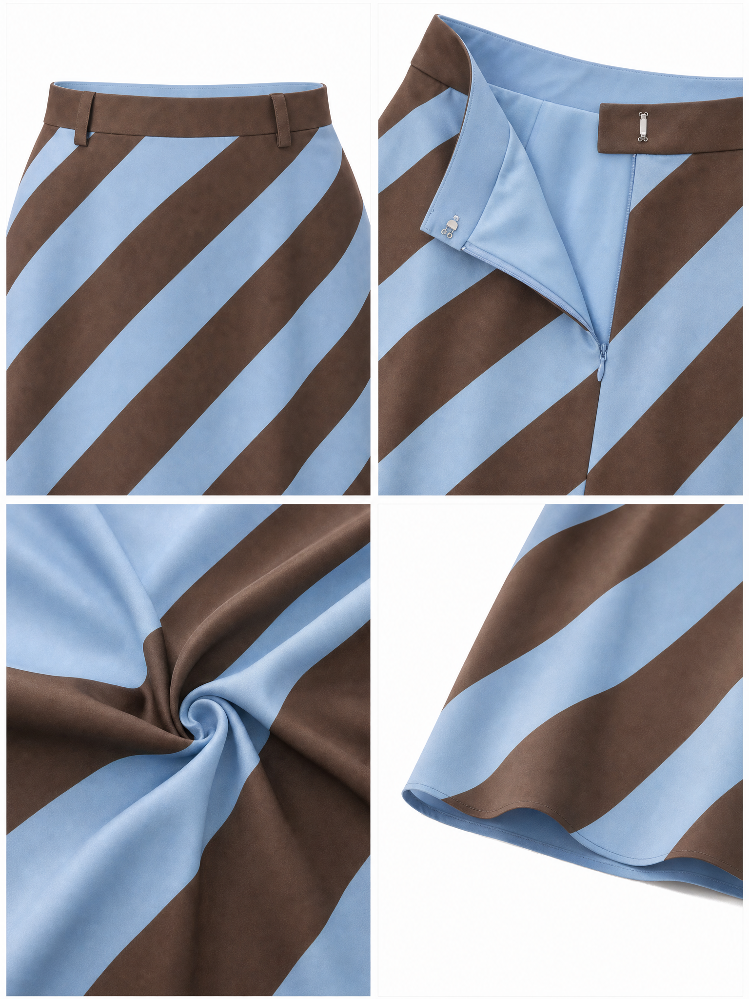 Vintage Commuter Blue Brown Diagonal Stripe A-Line Midi Skirt
