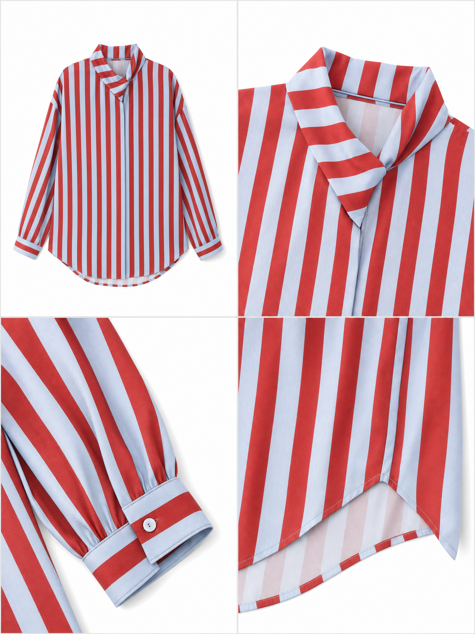 Vintage Relaxed Red Blue Stripe Ribbon Collar Blouse