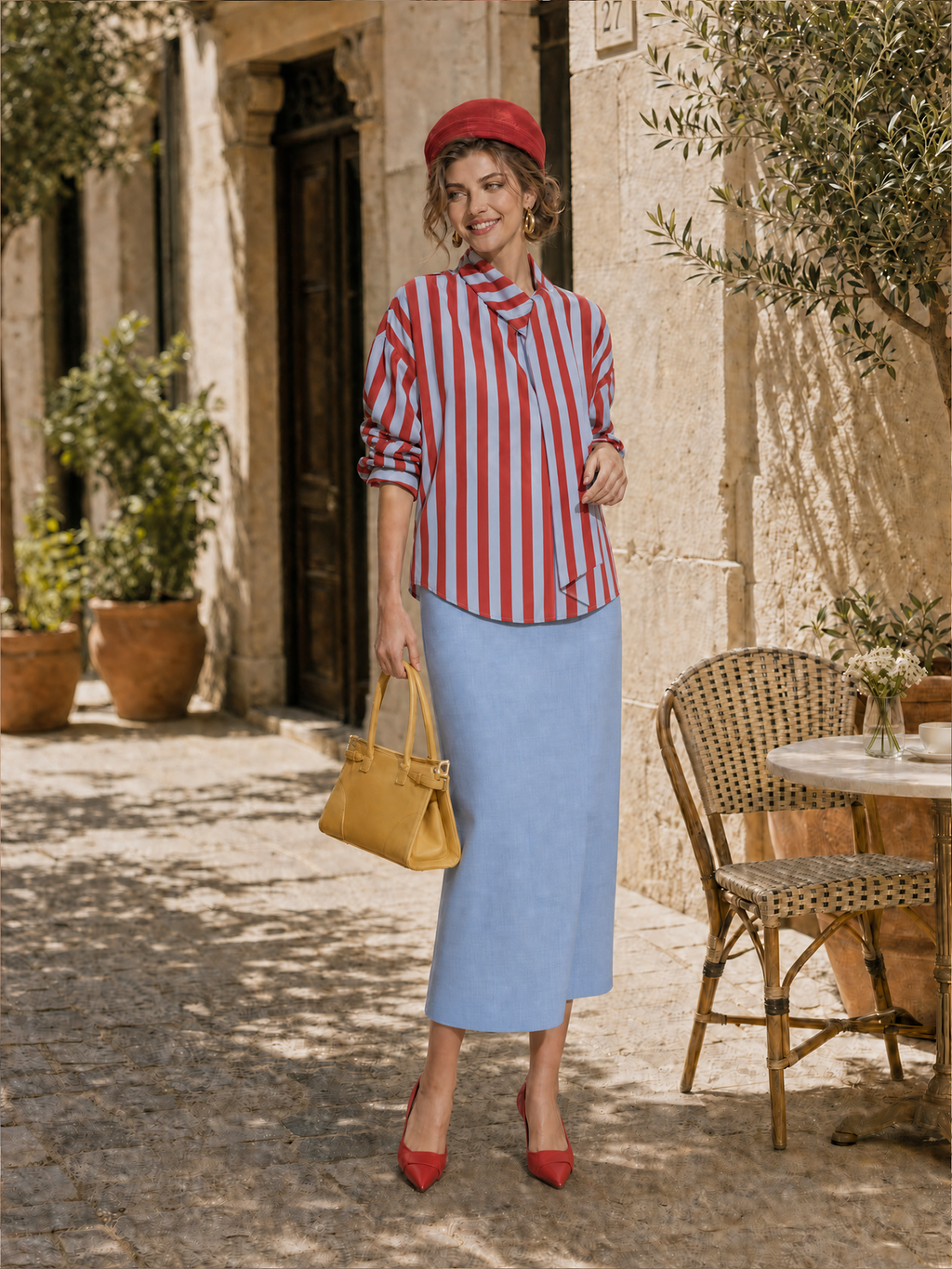 Vintage Relaxed Red Blue Stripe Ribbon Collar Blouse