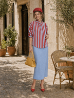 Vintage Relaxed Red Blue Stripe Ribbon Collar Blouse