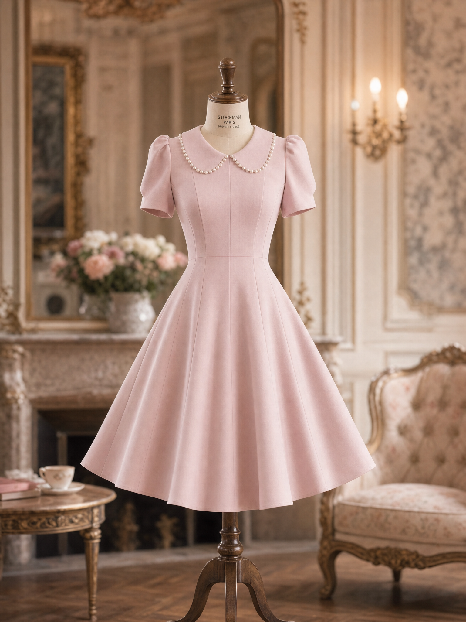 Vintage Peter Pan Collar Puff Sleeve A-Line Midi Dress