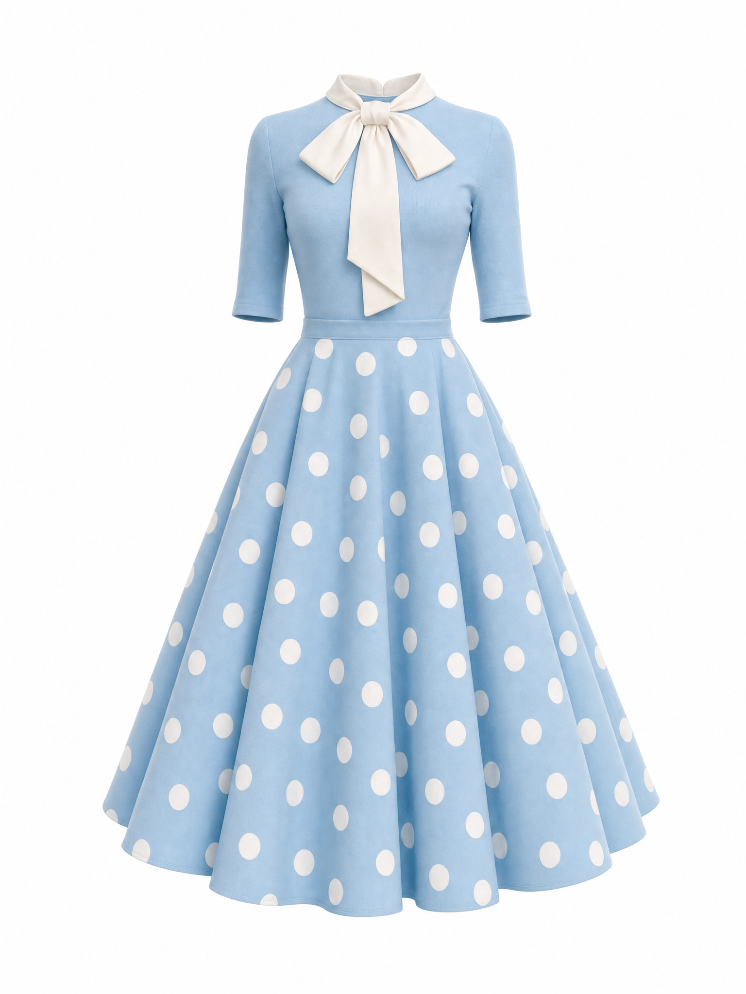 Vintage Fresh Polka Dot Bow Tie Neck Midi Dress