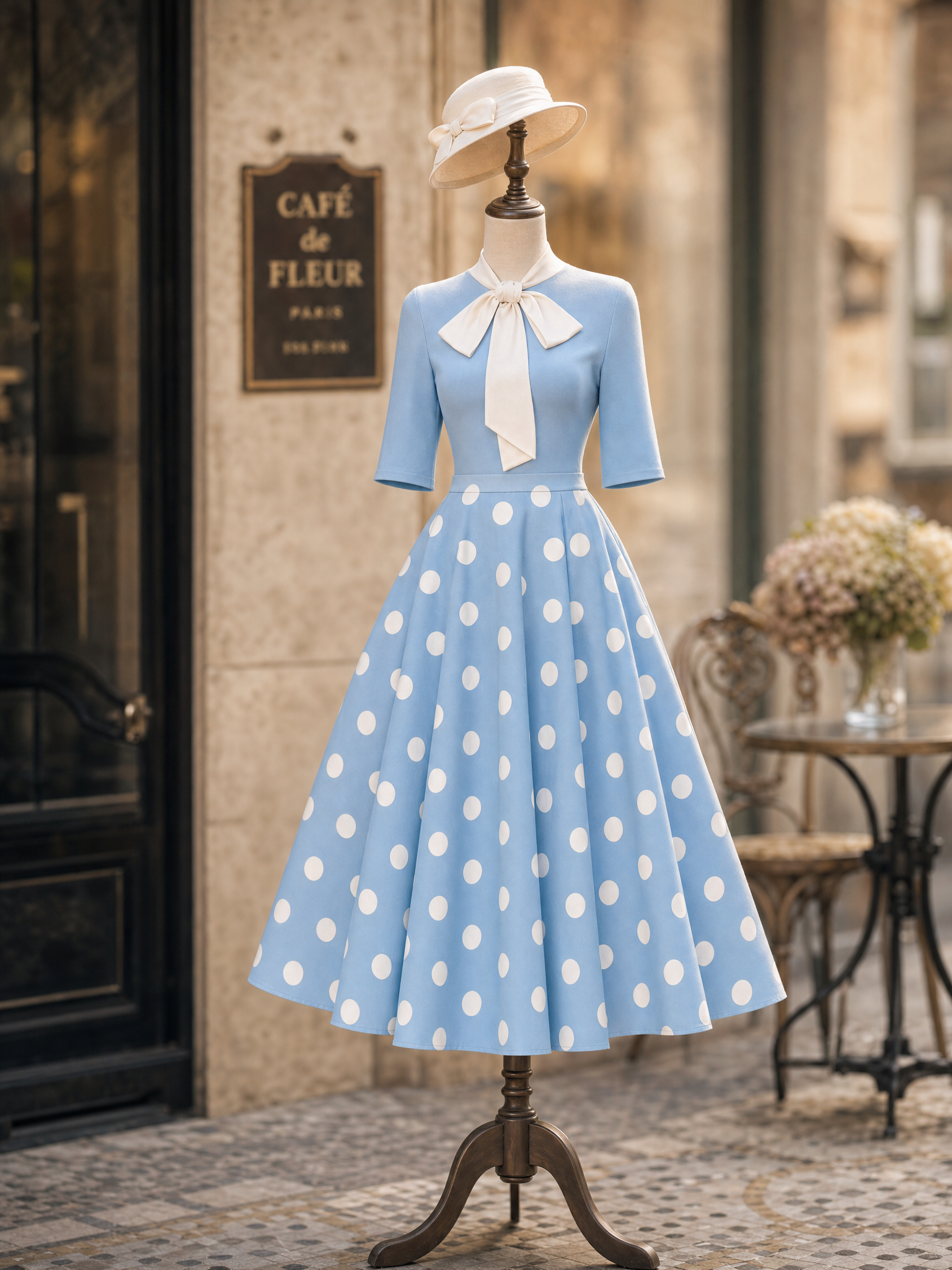 Vintage Fresh Polka Dot Bow Tie Neck Midi Dress