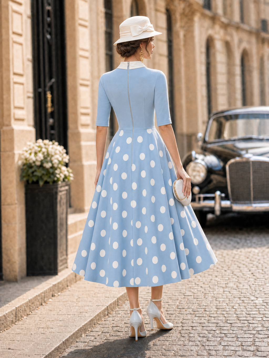 Vintage Fresh Polka Dot Bow Tie Neck Midi Dress