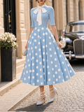 Vintage Fresh Polka Dot Bow Tie Neck Midi Dress