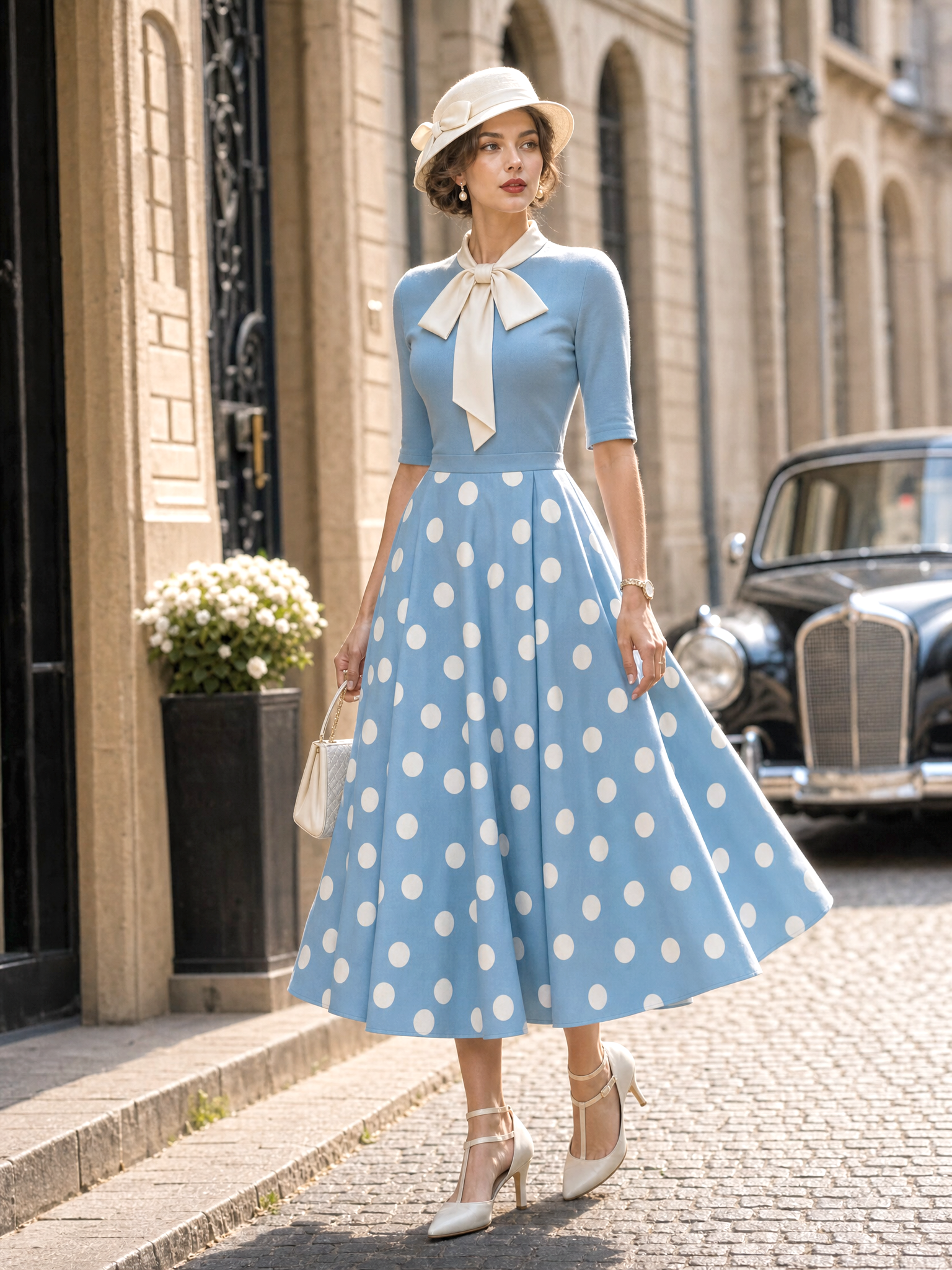 Vintage Fresh Polka Dot Bow Tie Neck Midi Dress