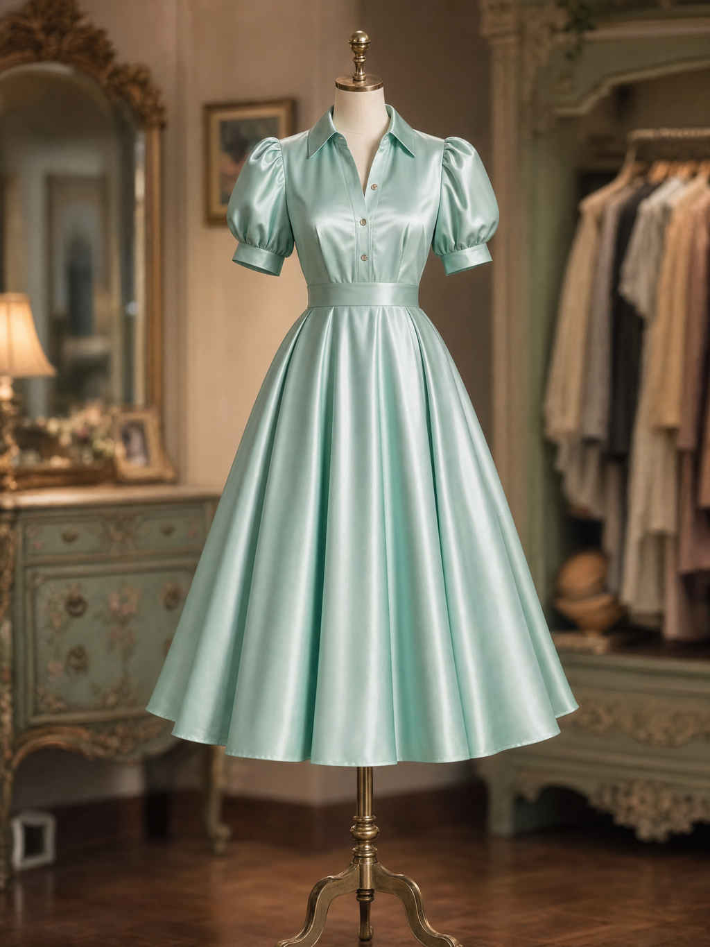 Vintage Satin Collared Puff Sleeve A-Line Midi Dress