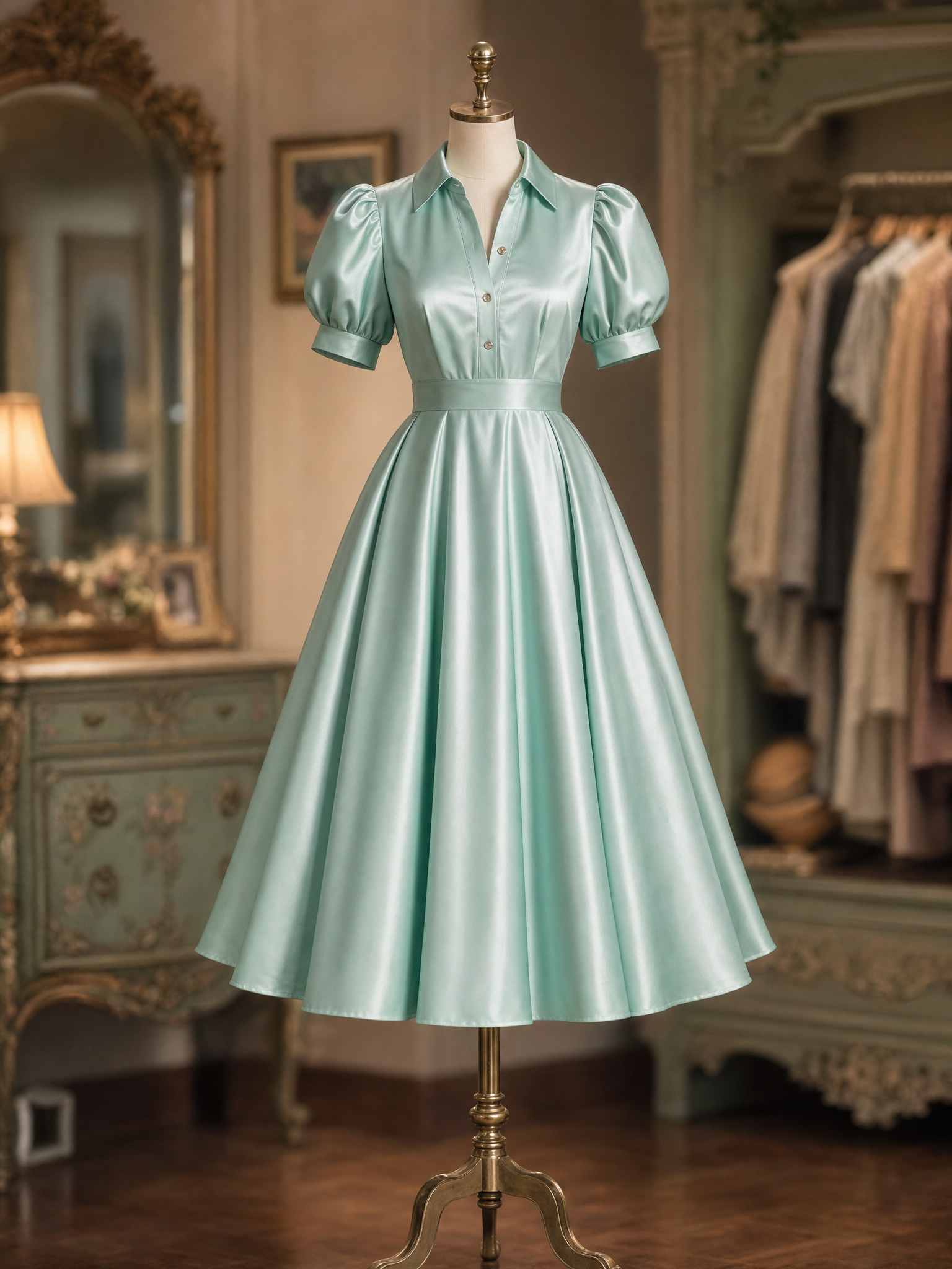 Vintage Satin Collared Puff Sleeve A-Line Midi Dress