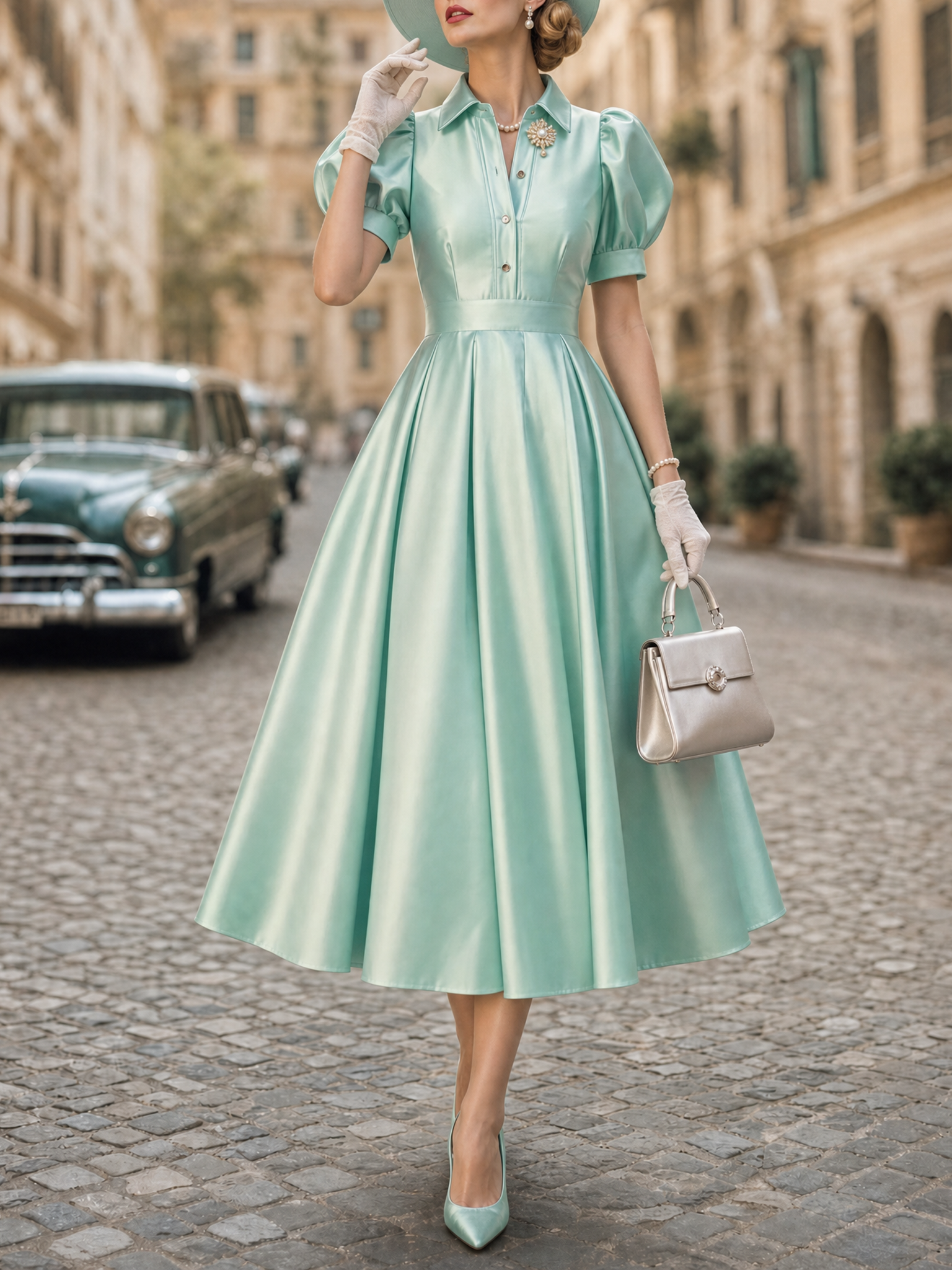 Vintage Satin Collared Puff Sleeve A-Line Midi Dress