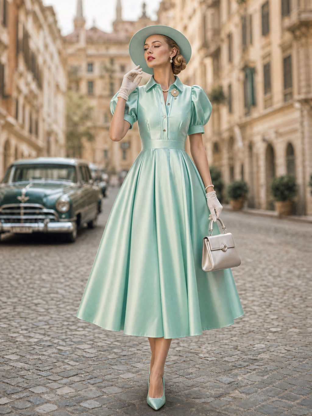 Vintage Satin Collared Puff Sleeve A-Line Midi Dress