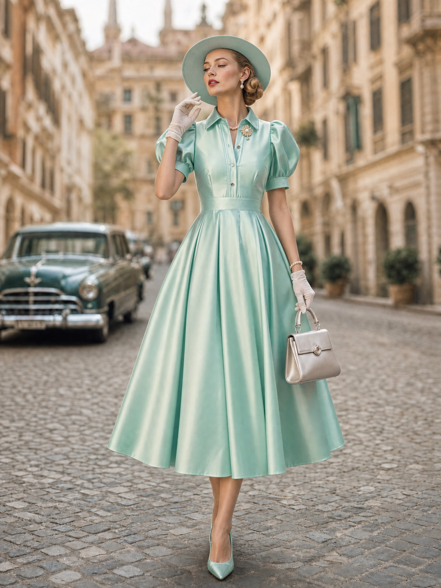 Vintage Satin Collared Puff Sleeve A-Line Midi Dress