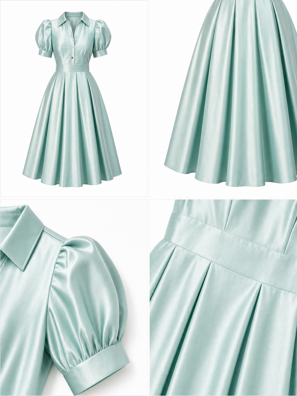 Vintage Satin Collared Puff Sleeve A-Line Midi Dress
