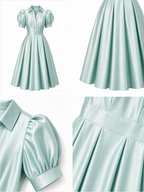 Vintage Satin Collared Puff Sleeve A-Line Midi Dress