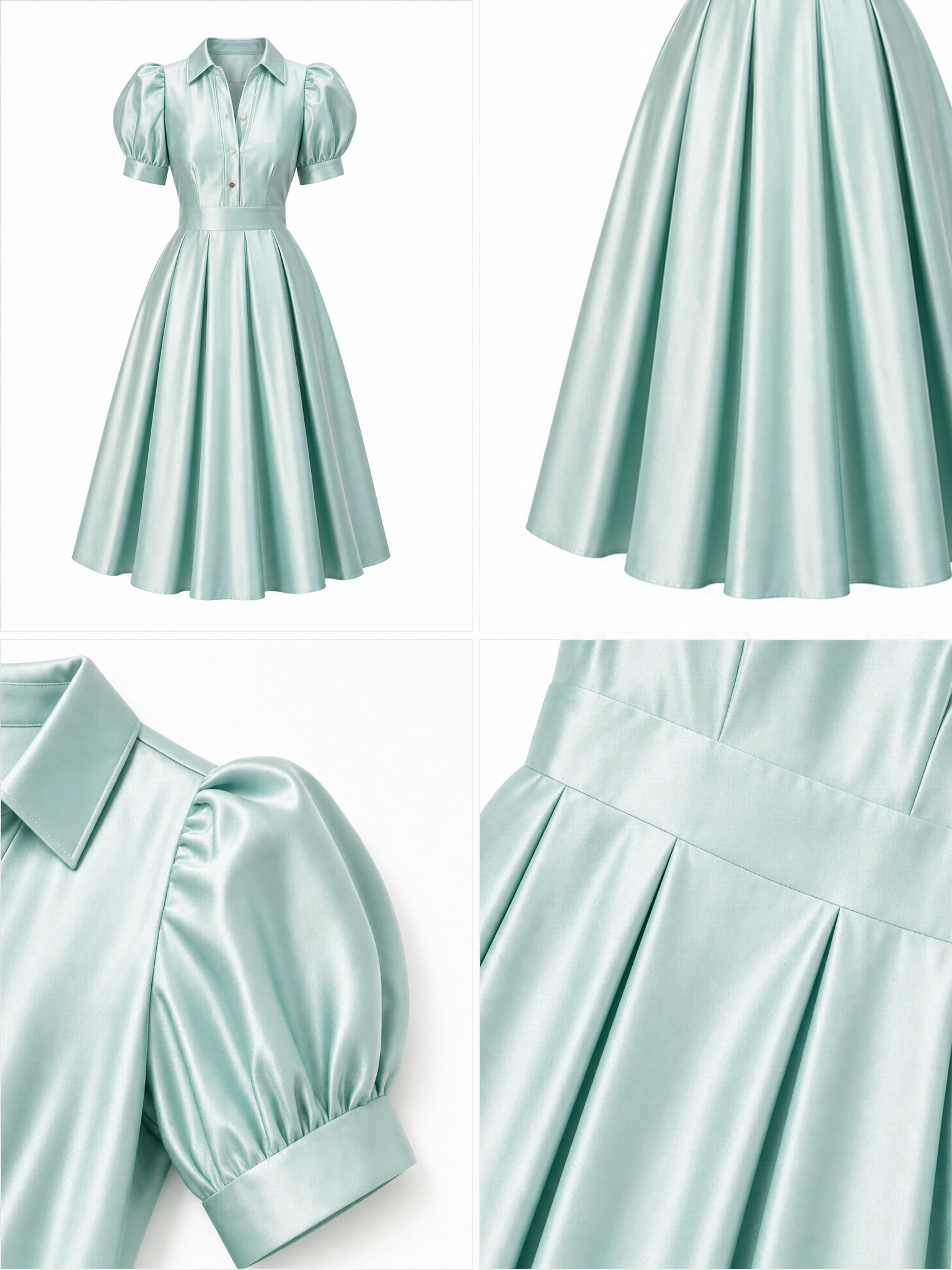 Vintage Satin Collared Puff Sleeve A-Line Midi Dress