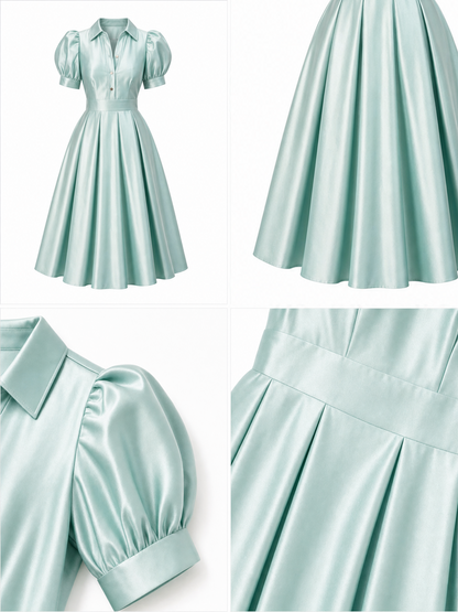 Vintage Satin Collared Puff Sleeve A-Line Dress