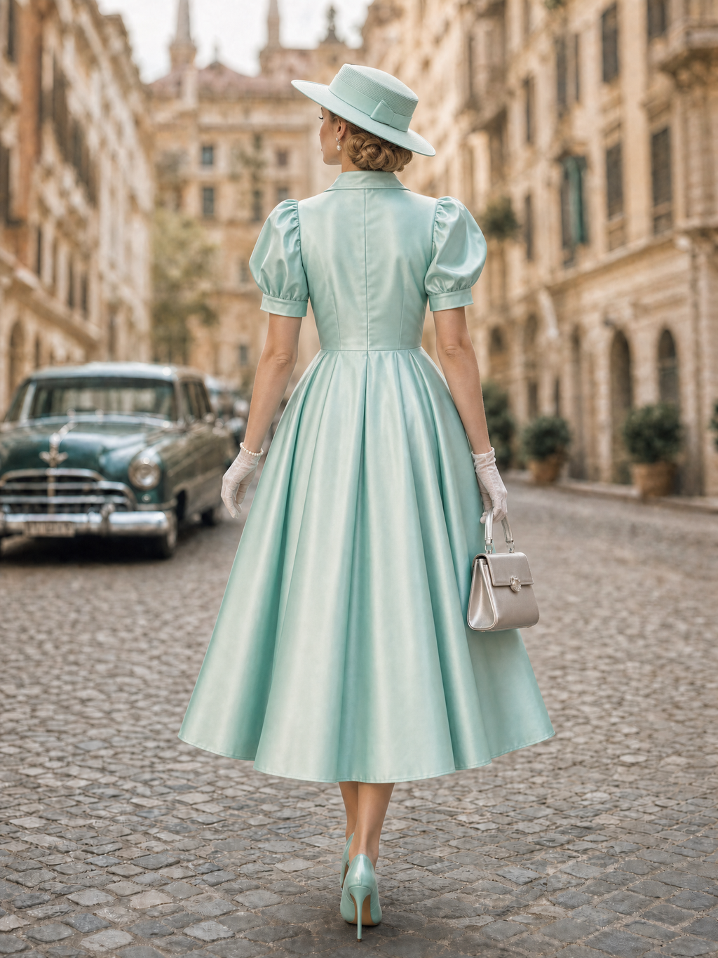 Vintage Satin Collared Puff Sleeve A-Line Midi Dress