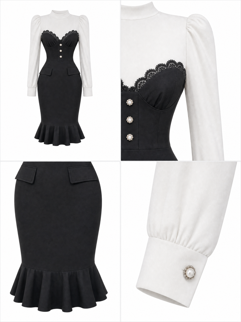 Vintage Black White Lace Mermaid Bodycon Midi Dress