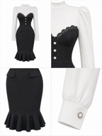 Vintage Black White Lace Mermaid Bodycon Midi Dress
