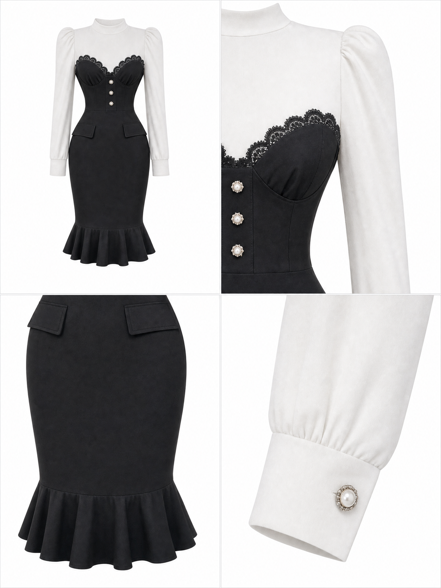 Vintage Black White Lace Mermaid Bodycon Midi Dress
