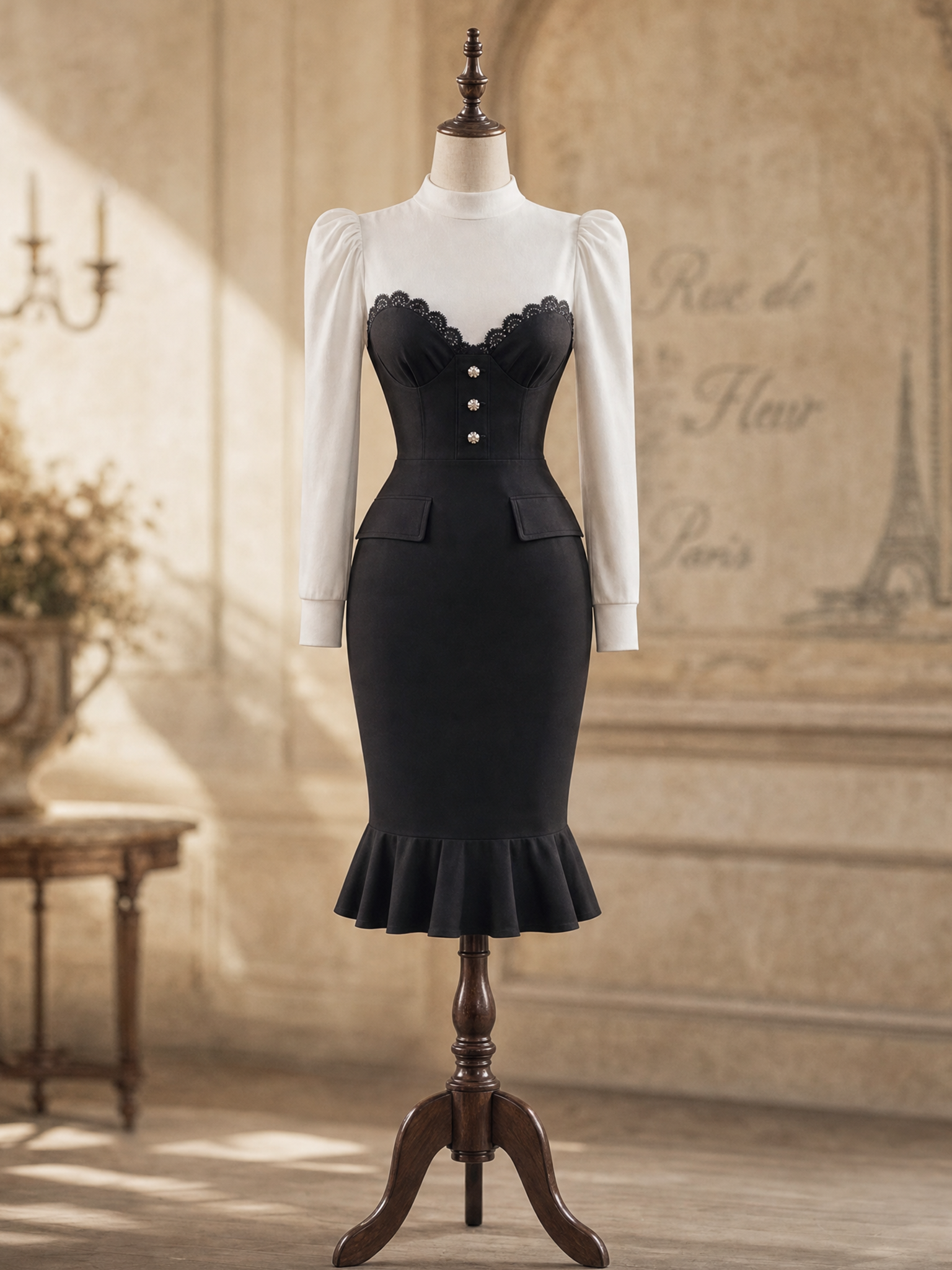 Vintage Black White Lace Mermaid Bodycon Midi Dress
