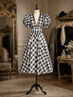 Vintage Gingham V-Neck Puff Sleeve Waist Cinched Midi Dress