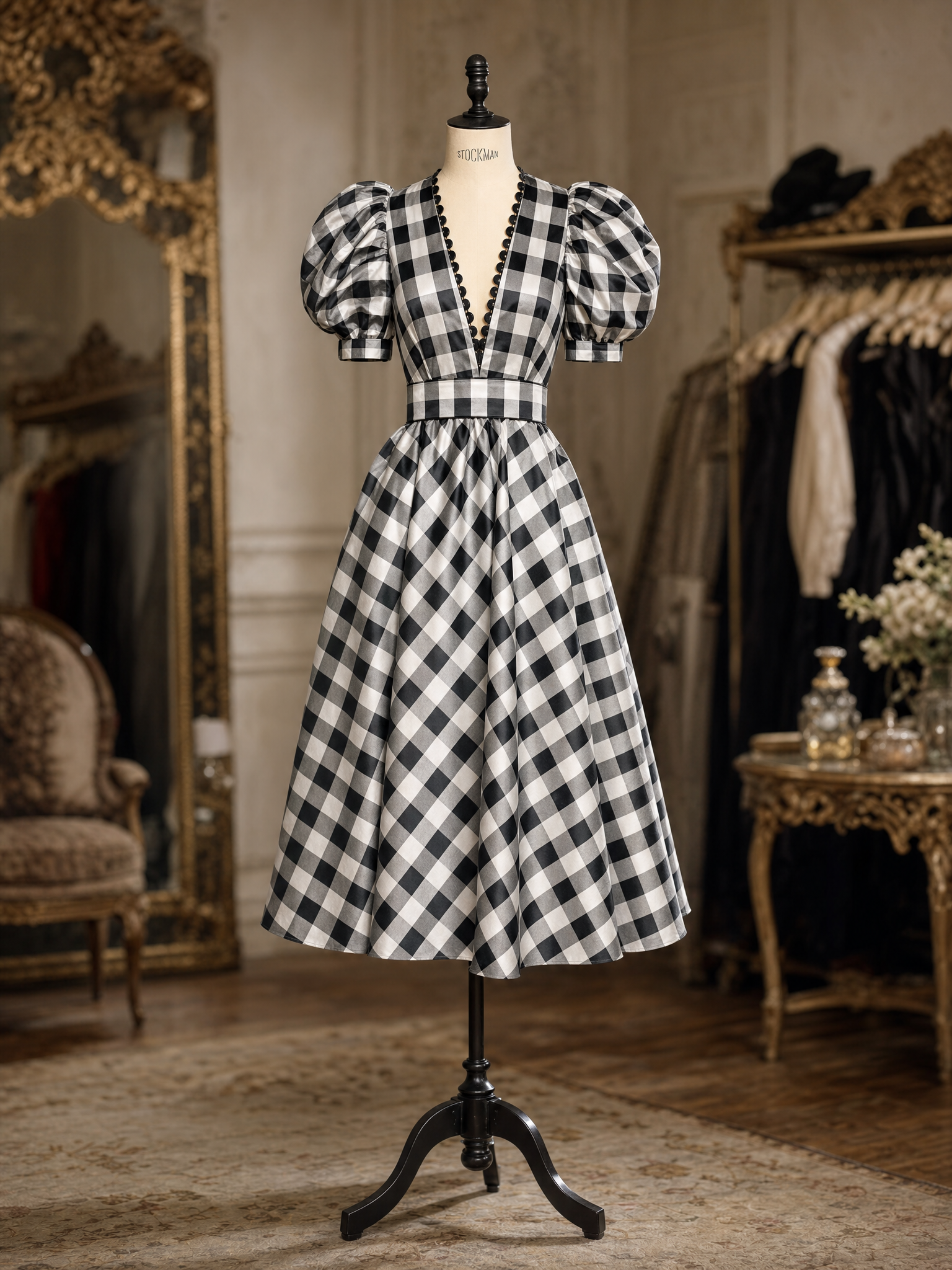 Vintage Gingham V-Neck Puff Sleeve Waist Cinched Midi Dress