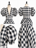 Vintage Gingham V-Neck Puff Sleeve Waist Cinched Midi Dress