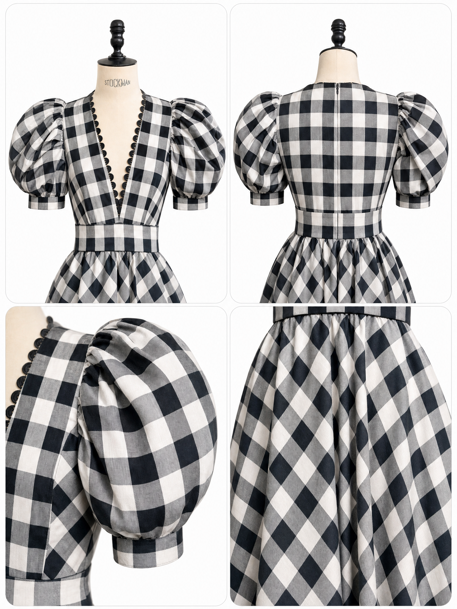 Vintage Gingham V-Neck Puff Sleeve Waist Cinched Midi Dress